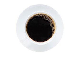 Top view of hot black coffee in a white mug with saucer isolated on a white background..