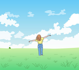 A woman is standing with arms wide open in a clear sky and a wide field. hand drawn style vector design illustrations. 