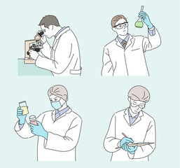 A researcher in a white gown is conducting an experiment. hand drawn style vector design illustrations. 