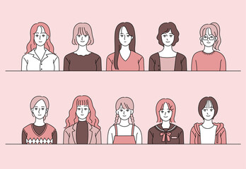Collection of female characters in various fashion styles. hand drawn style vector design illustrations. 