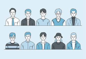 Collection of male characters in various fashion styles. hand drawn style vector design illustrations. 