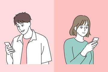 A man and a woman are looking at their cell phones and smiling. hand drawn style vector design illustrations. 