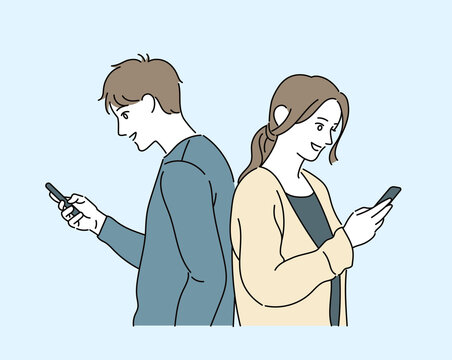 Casual Style Man And Woman Are Looking At Cell Phones. Hand Drawn Style Vector Design Illustrations. 