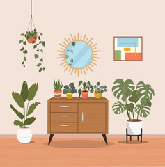 Room interior with chest and house plants. Vector flat style illustration