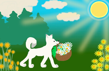 Naklejka premium Dog with a basket of flowers. 