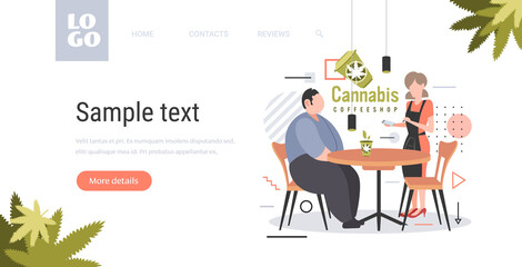 waitres taking order from man customer with cannabis coffee modern cafe shop marijuana legalization drugs consumption concept horizontal copy space full length