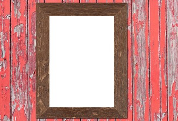 White blank poster with brown frame mock-up on red plank wooden wall background