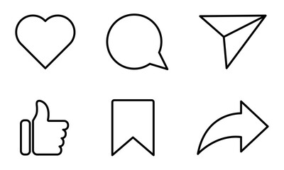 Set of social media icons. Like, share, comment, love, repost and save. Silhouette flat line art symbols - obrazy, fototapety, plakaty