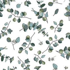 Eucalyptus seamless pattern. Hand-drawn illustration. Design for fabric, textile, wallpaper, packaging.	