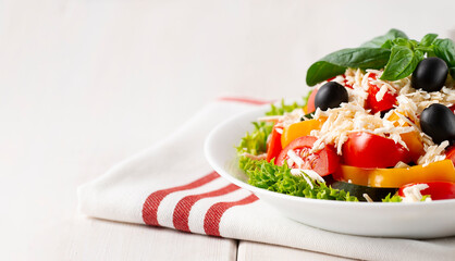 Traditional Bulgarian dish, Shopsky salad, with vegetables and cheese, on a white background, no people, horizontal,