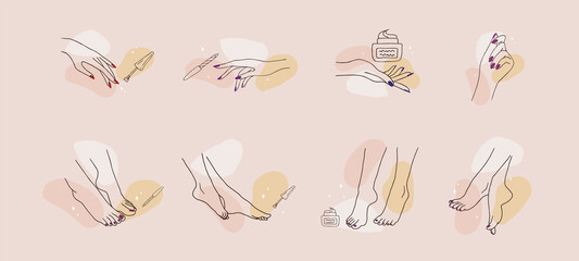 Female hands and feet. Manicure and pedicure concept. Vector Illustration in trendy outline style. Design element for web icons, nail art studio or spa salon logo. - obrazy, fototapety, plakaty