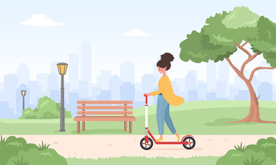 Woman riding kick scooter around city. Spring or summer landscape. Happy young girl at park. Sports and leisure outdoor activity. Eco transport. Vector illustration in flat cartoon style. © KeronnArt