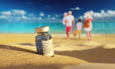 Covid Vaccine On the Beach with Happy Family in the Background enjoying Safe Holiday