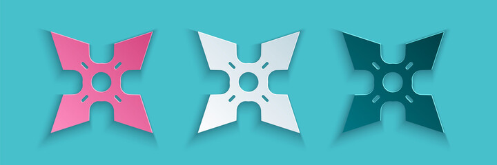 Paper cut Japanese ninja shuriken icon isolated on blue background. Paper art style. Vector © Vadim