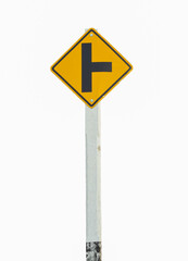 warning three junction road sign isolated on white background.