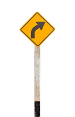 warning right curve road sign isolated on white background.