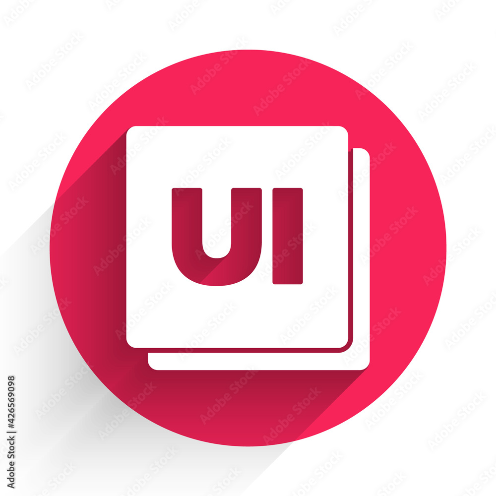 Poster White UI or UX design icon isolated with long shadow. Red circle button. Vector