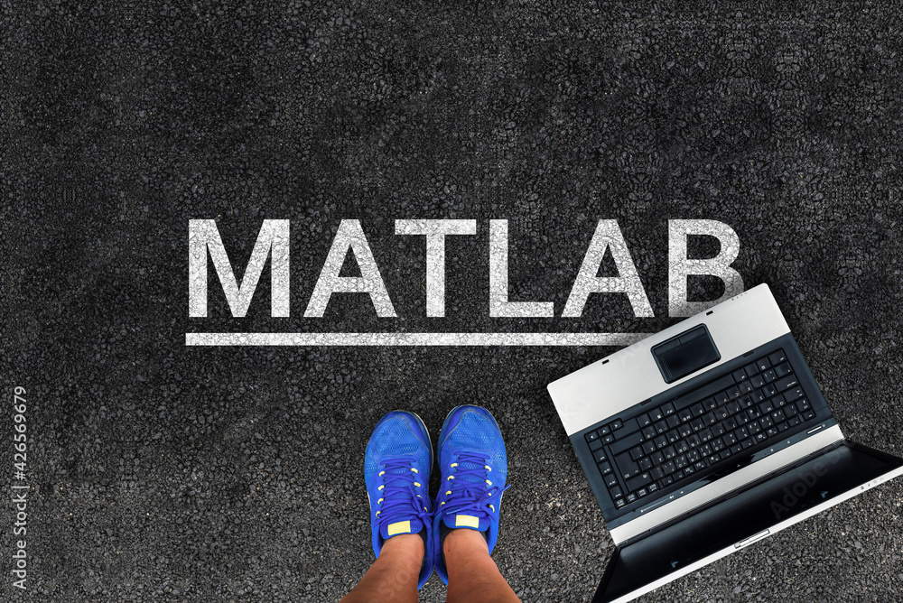 Poster matlab programming language. woman legs in sneakers standing next to laptop and word matlab