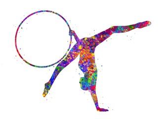 Rhythmic gymnastics hoop watercolor art, abstract painting. sport art print, watercolor illustration rainbow, colorful, decoration wall art.