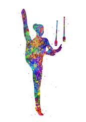 Obraz premium Rhythmic gymnastics watercolor art, abstract painting. sport art print, watercolor illustration rainbow, colorful, decoration wall art.