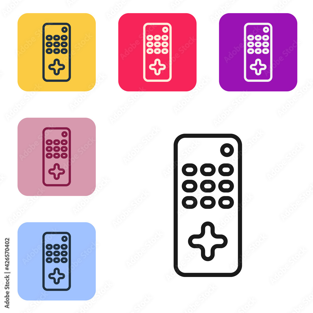Poster black line remote control icon isolated on white background. set icons in color square buttons. vect