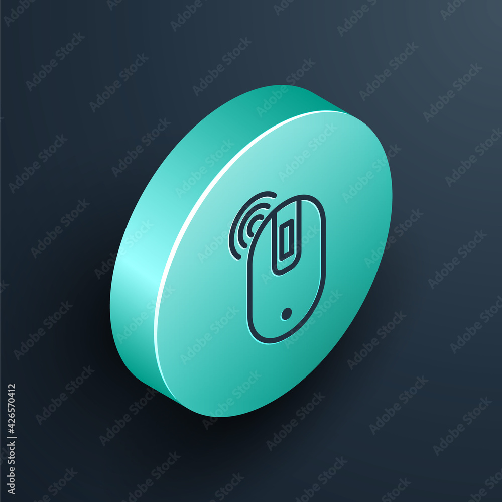 Poster isometric line wireless computer mouse icon isolated on black background. optical with wheel symbol.