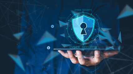Data or network protection, business people press shield icon, virus security. Data protection and...