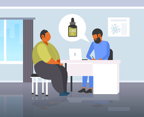 Obraz premium doctor offering medical marijuana hemp oil bottle to man patient cannabis for personal use legal drug consumption medicine concept modern hospital office interior horizontal full length