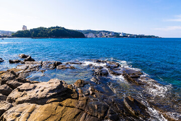 Fototapeta na wymiar Shirahama Rock Beach in Wakayama Prefecture, Kansai, Japan.