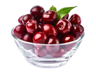glass bowl of sweet cherry fruits isolated on white background