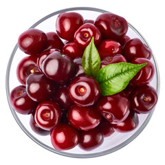glass bowl of sweet cherry fruits isolated on white background