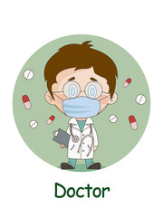 Illustration of a doctor as part of the children's alphabet with the word "doctor" in English