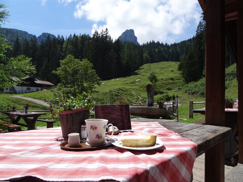 coffee break at the Brander Alm near Ruhpolding with cake and a view to Hrndlwand mountain