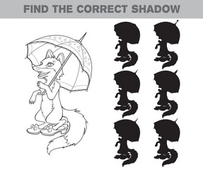Cartoon illustration of funny fox with an umbrella. Find the correct shadow. Black and white cartoon vector illustration. Educational game for children