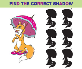 Cartoon illustration of funny fox with an umbrella. Find the correct shadow. Cartoon vector illustration. Educational game for children.