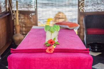 Massage gazebo near sea. Spa massage room on the beautiful beach in tropical island, travel concept