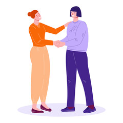 Informal meeting of two women friends, colleagues. They greet each other with a hug, a handshake. Vector illustration in flat cartoon style. Isolated on a white background.