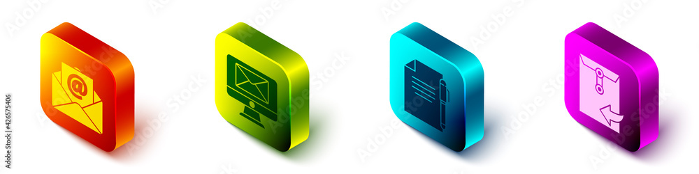 Aufkleber set isometric mail and e-mail, monitor and envelope, document and pen and envelope icon. vector