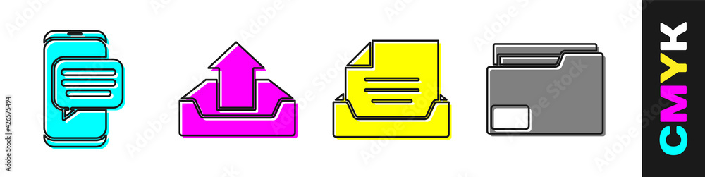 Poster set chat messages notification on phone, upload inbox, drawer with document and document folder icon