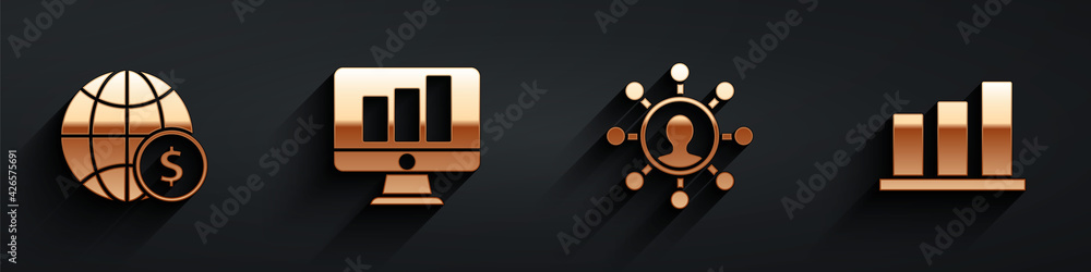 Poster set earth globe with dollar, monitor with graph chart, business network and communication and pie ch