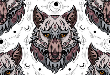 Seamless pattern with colorful wolf head and sacred symbols. Predator portrait in front with boho pattern. Tribal multicolor texture for fabrics and wallpapers.