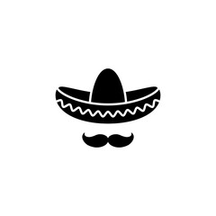 Sombrero, Mexican hat with mustache black icon. Flat logo isolated on white. vector illustration.