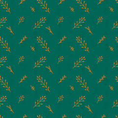 Seamless pattern with colorful diagonal contours doodle herbs and leaves on green background.Spring floral multicolor texture. Simple natural wallpaper with branches and herb