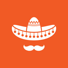 Sombrero, Mexican hat with mustache. Flat logo isolated on orange background.