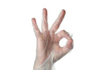 Female hand in disposable glove show OK, isolated on white background