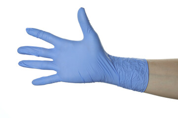 Hand in medical glove isolated on white background