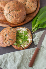 home made whole grain buns with wild garlic