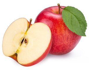 Fresh Apple with leaf on white background, San Fuji Apple isolated on white background. With clipping path.