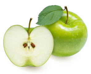 Fresh Apple with leaf on white background, San Fuji Apple isolated on white background. With clipping path.