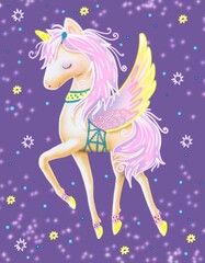 Illustration with a cute unicorn with wings on a purple, starry background